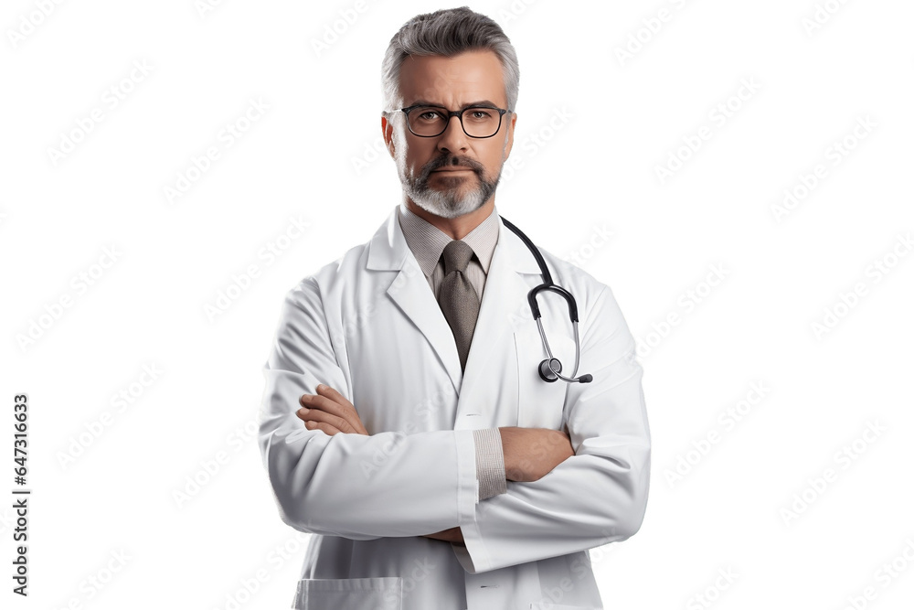 Aged Doctor in Focus solated on a transparent background, Generative Ai
