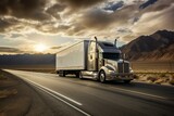 Semi truck hauling refrigerated trailer driving on highway with hills. Generative AI