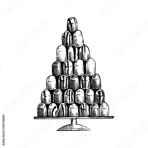 Mallow puffs sketch. Hand-drawn vector illustration. Schokokuss - delicious flavoured marshmallow filling on a waffle base. Traditional Christmas market food, dessert, sweets design element