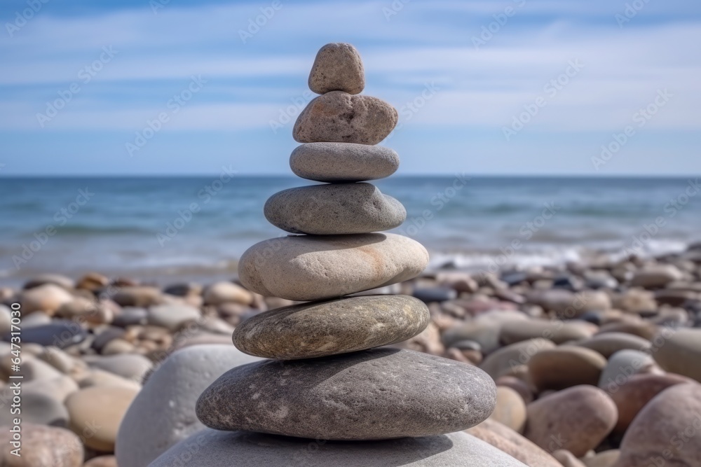 Stack of stones on beach. Generative AI Stack of stones on beach. Generative AI