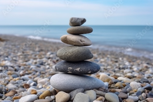 Pile of pebbles in the balance on the seacoast. Generative AI