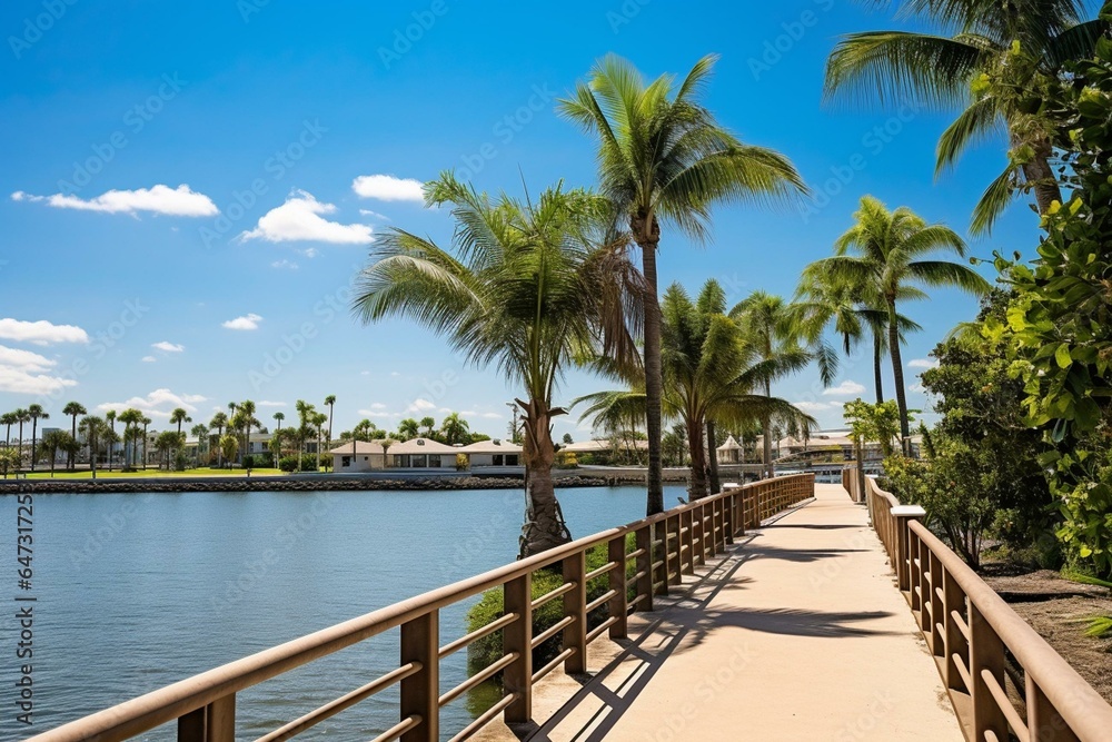 Waterfront walkway lined with palm trees along Indian River Drive. Sunny day, bridge in the background near downtown Fort Pierce. Generative AI