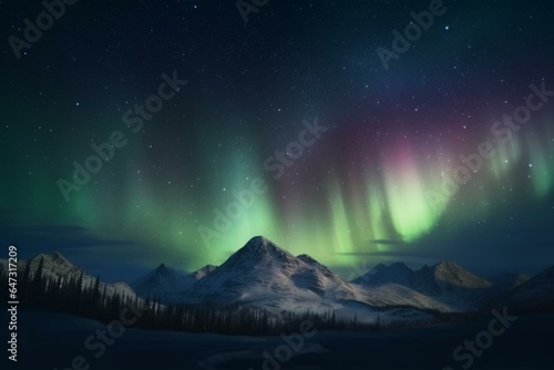 Nighttime landscape with aurora borealis and stars. Aerial animation. Generative AI