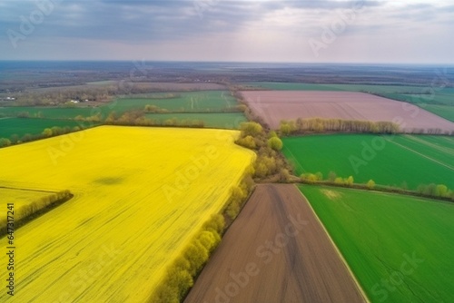 Aerial photo of green and yellow agricultural areas. View of two fields from above. Rural landscapes in the countryside. Generative AI