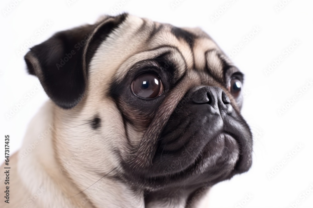 Pug dog portrait isolated on a white background. Generative AI