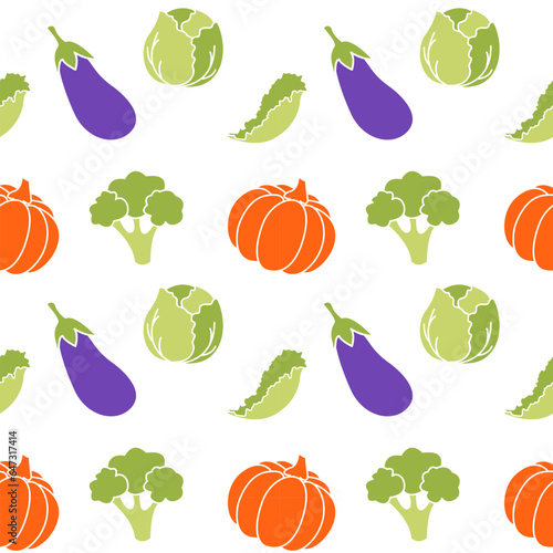 Vegetarian pattern with vegetables pumpkin eggplant broccoli salad, on white background.