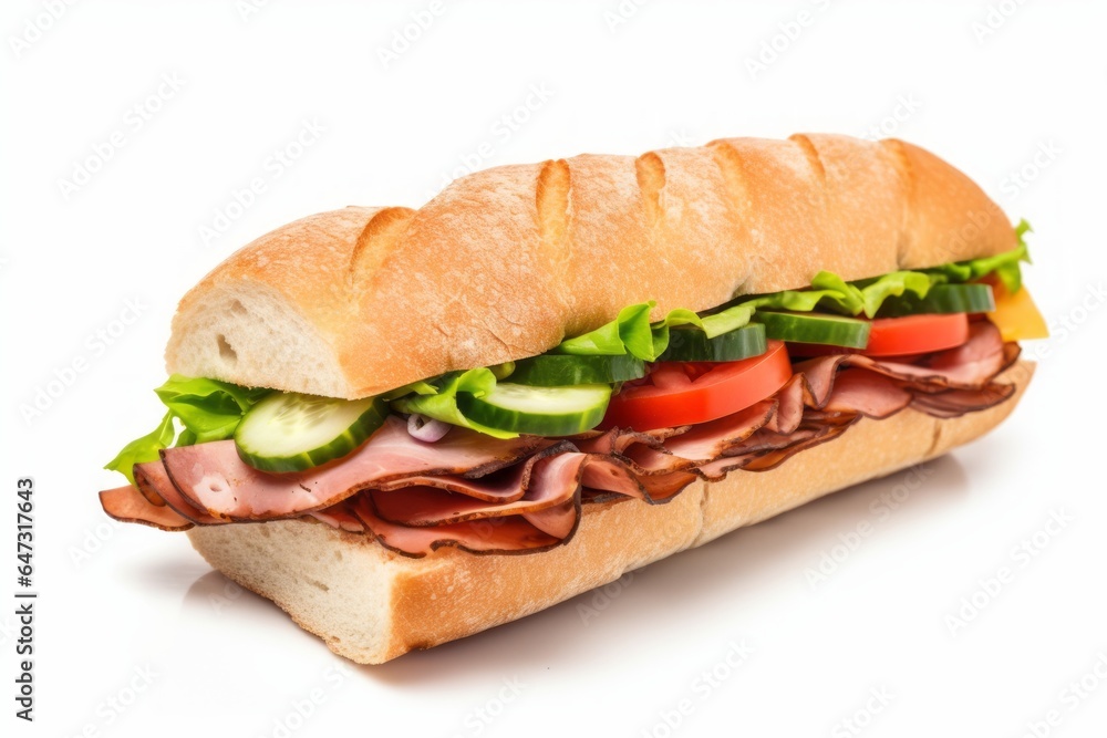 Sandwich with ham and vegetables isolated on white background. Generative AI Sandwich with ham and vegetables isolated on white background. Generative AI
