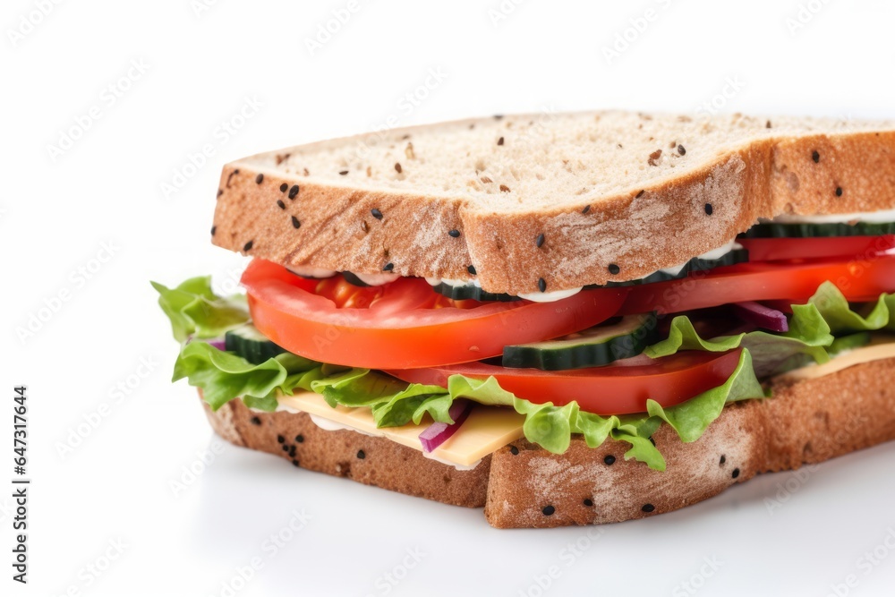 Sandwich with ham and vegetables isolated on white background. Generative AI Sandwich with ham and vegetables isolated on white background. Generative AI