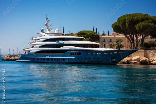 An expensive yacht in a harbor amidst azure sea. Generative AI © Calantha