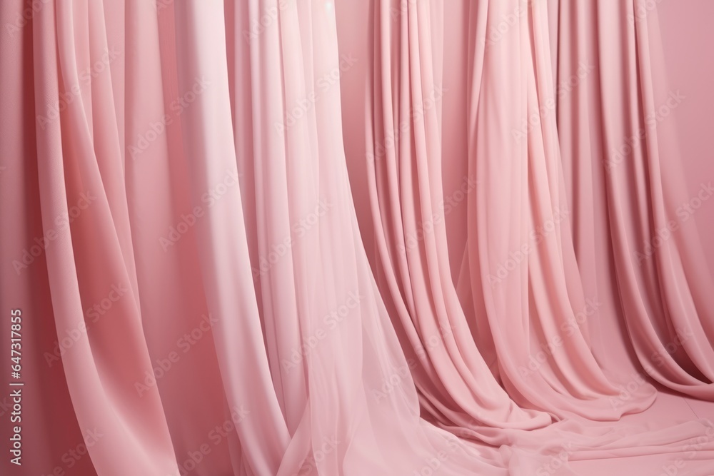 Tender pink silk curtains on pink background. Generative AI
