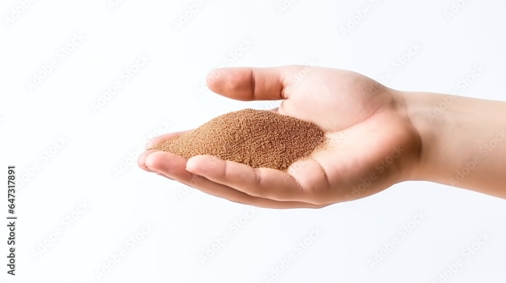 Hand holding sand isolated white background. AI generated Hand holding sand isolated white background. AI generated