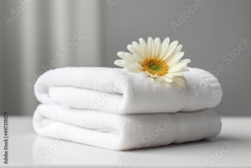 Two white neatly folded terry towels with flower on a light background. Generative AI