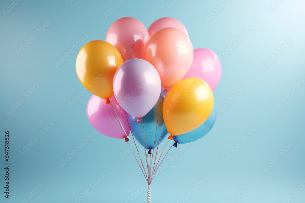 Birthday, Valentine's day, anniversary celebration concept. Various classic shape and soft pastel colored flying balloons on plain studio background with copy space. Generative AI