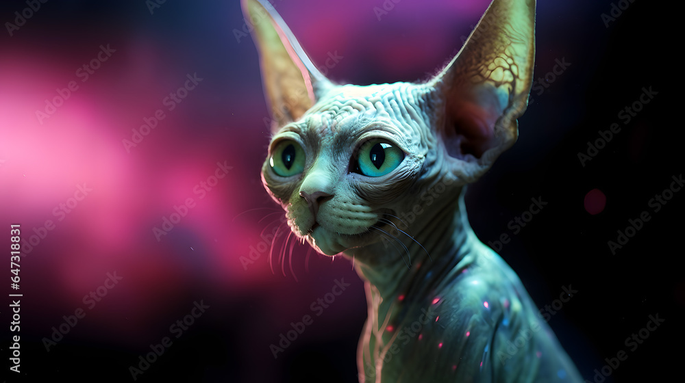 A space bald cat with green eyes.