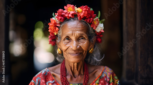 Beautiful elderly woman with a wreath of flowers on her head from the Bali island