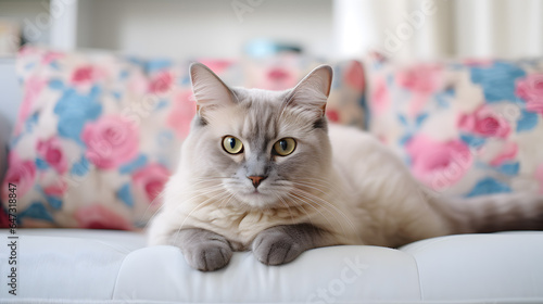 White gray cat poses sitting on the couch