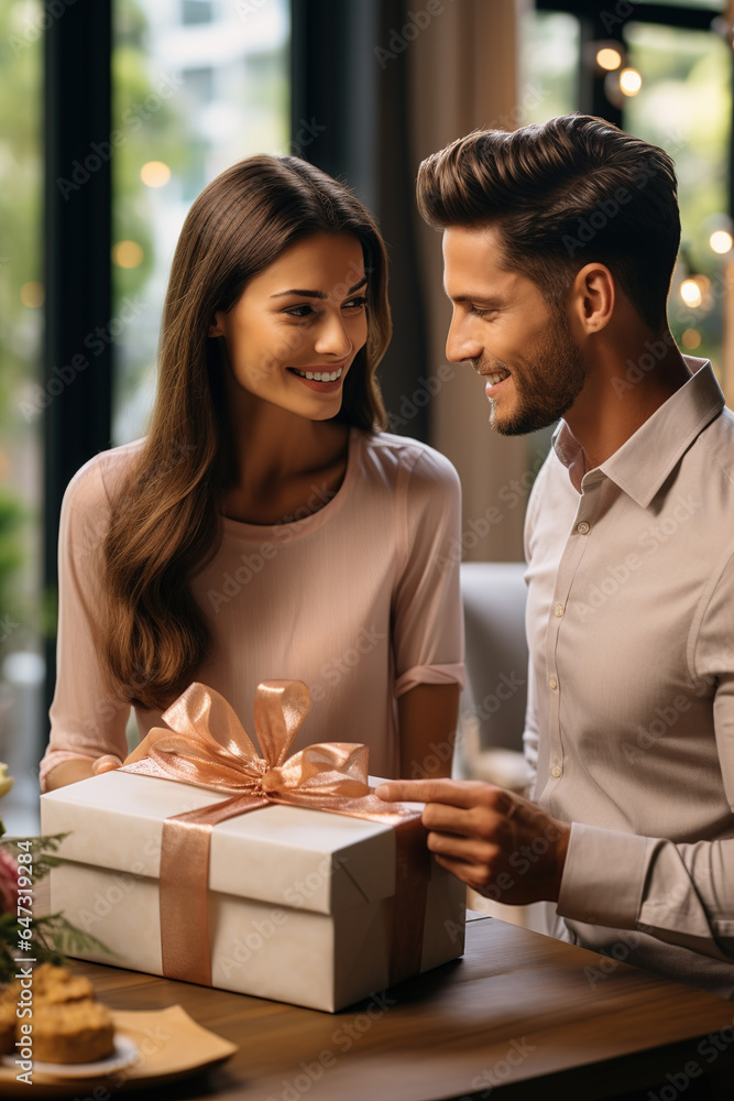 Young couple in their 30s with an anniversary or Valentine's Day present Young couple in their 30s with an anniversary or Valentine's Day present