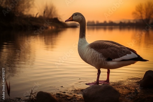 Goose by the lake at sunset. Generative AI