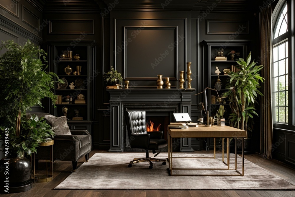 A lavish office featuring a fireplace, black walls with gold trim, a ...