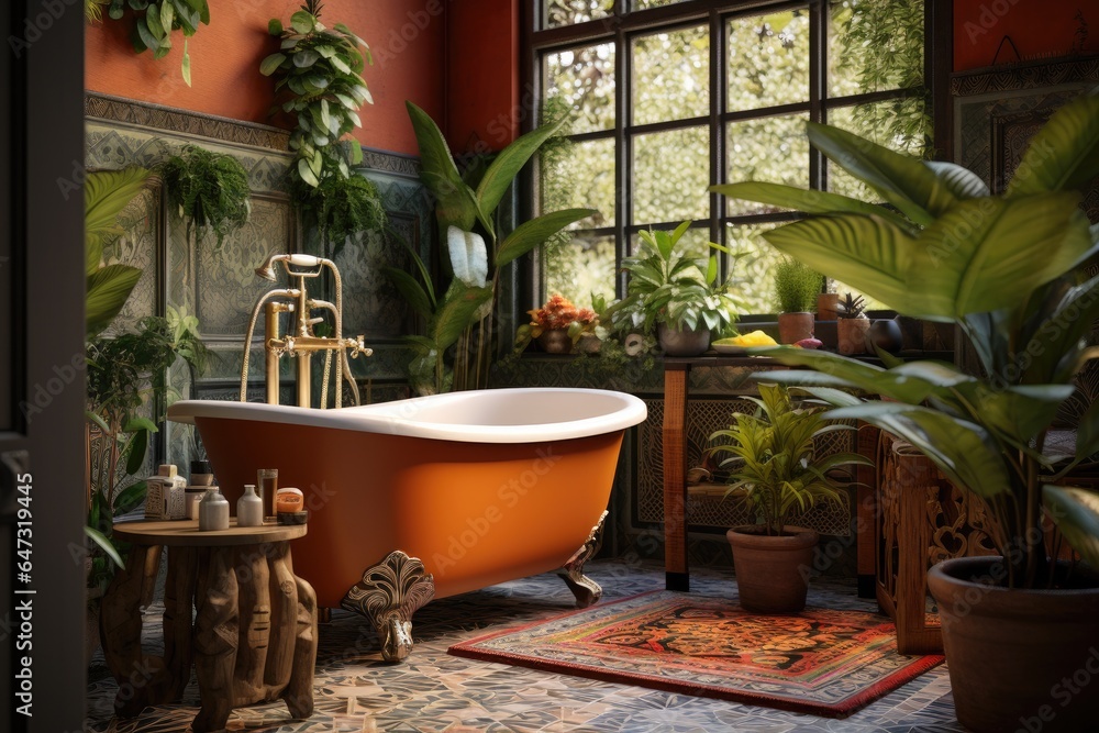 Cozy and comfortable bathroom with interior in bohemian style render