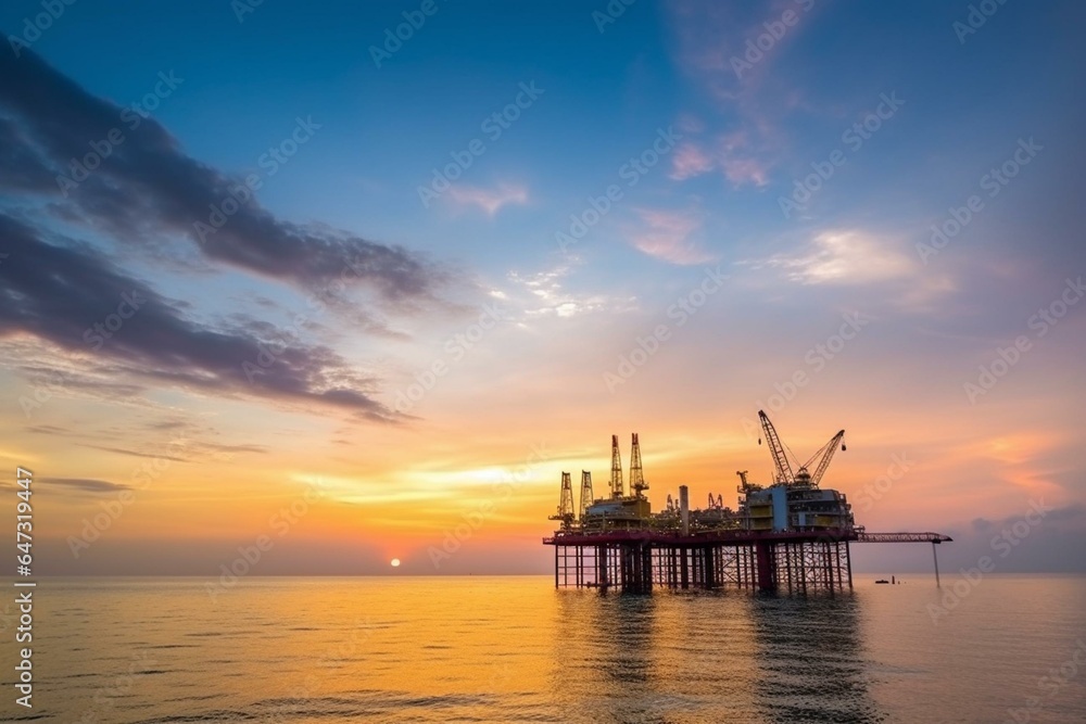 Oil and gas platform amidst scenic sky over the Gulf of Thailand. Generative AI