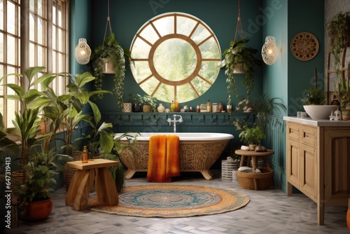 Cozy and comfortable bathroom with interior in bohemian style render