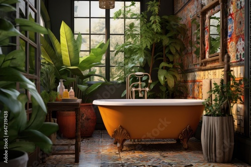 Cozy and comfortable bathroom with interior in bohemian style render