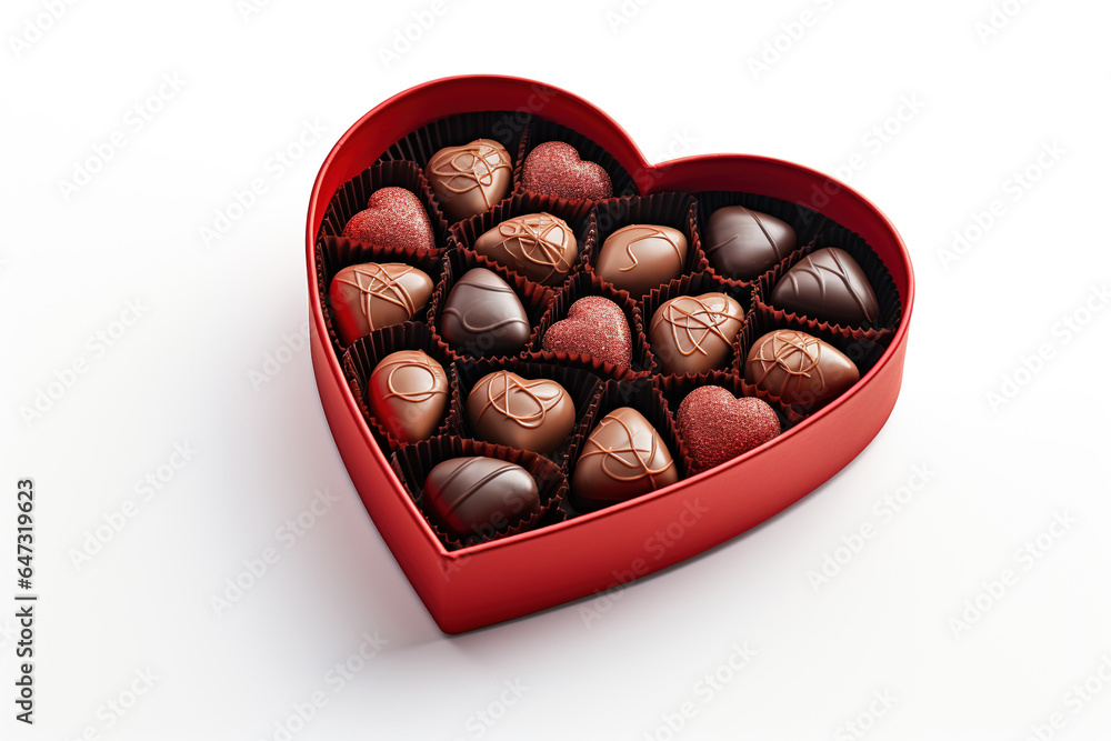 Obraz premium Red heart-shaped box of chocolates, isolated on white background. Love. Valentine's Day.