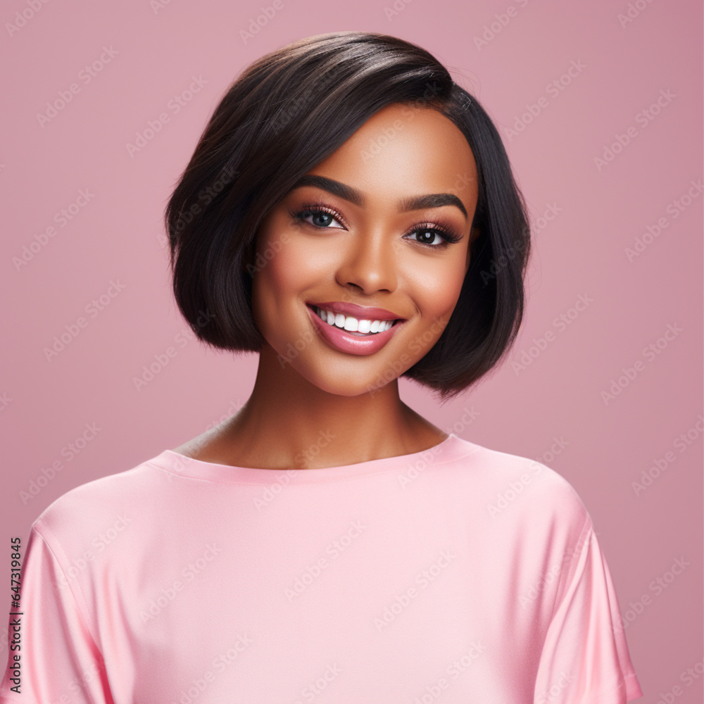 black woman smiling headshot in studio pink background with up light. Natural glam makeup. Straight hair bob hairstyle. black woman smiling headshot in studio pink background with up light. Natural glam makeup. Straight hair bob hairstyle.