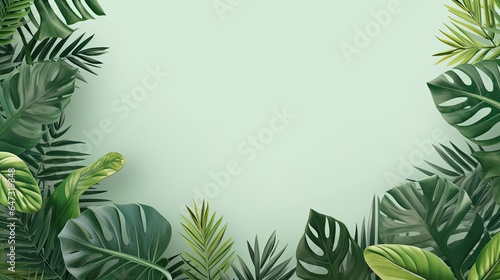 Green leaves on a light green background  with empty space for writing or placing objects in the center