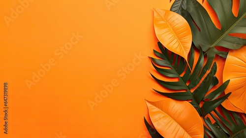 Tropical leaves on orange background is a vibrant and colorful design asset suitable for tropical themed projects, summer illustrations, and nature-inspired graphic designs photo
