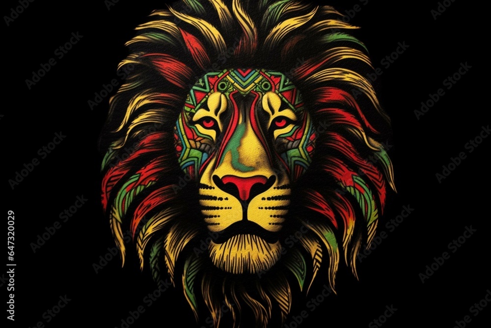 A lion's head with a Rastafarian theme is depicted against a black background. Generative AI