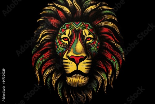 A lion's head with a Rastafarian theme is depicted against a black background. Generative AI