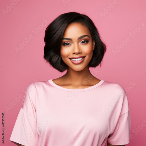 black woman smiling headshot in studio pink background with up light. Natural glam makeup. Straight hair bob hairstyle.