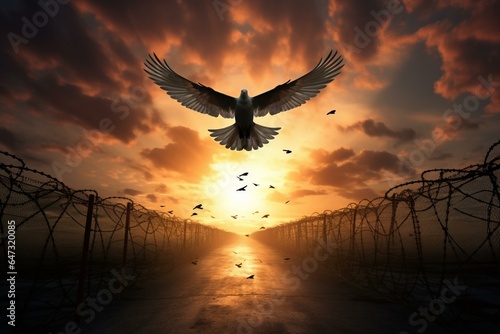 The liberation concept  as a fence grid transforms into a dove  flies away  and escapes into the sunset. Generative AI