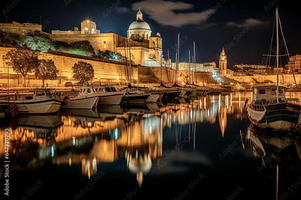 Night view of harbor and old town with water reflection. Valletta city center. Generative AI