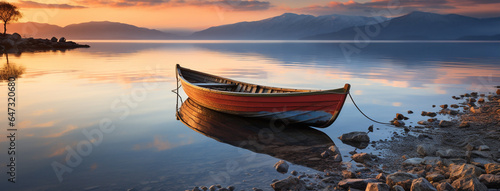 wide photograph of an Isolated fishing boat floating on a  calm river in the evening