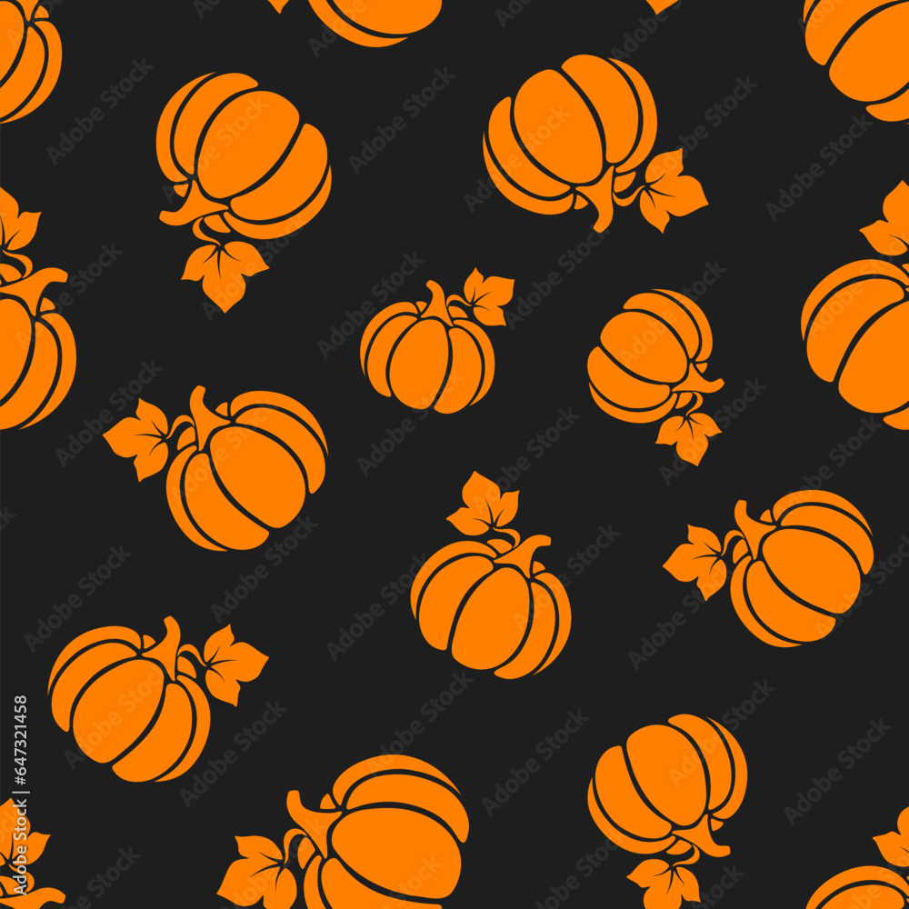 Seamless pattern with orange pumpkins silhouettes on a black background. Vector seamless print