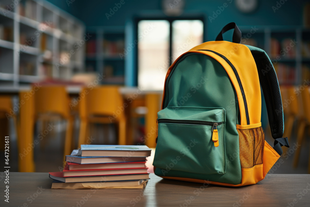 Back To School concept.Backpack on the desk in the school classroom Back To School concept.Backpack on the desk in the school classroom