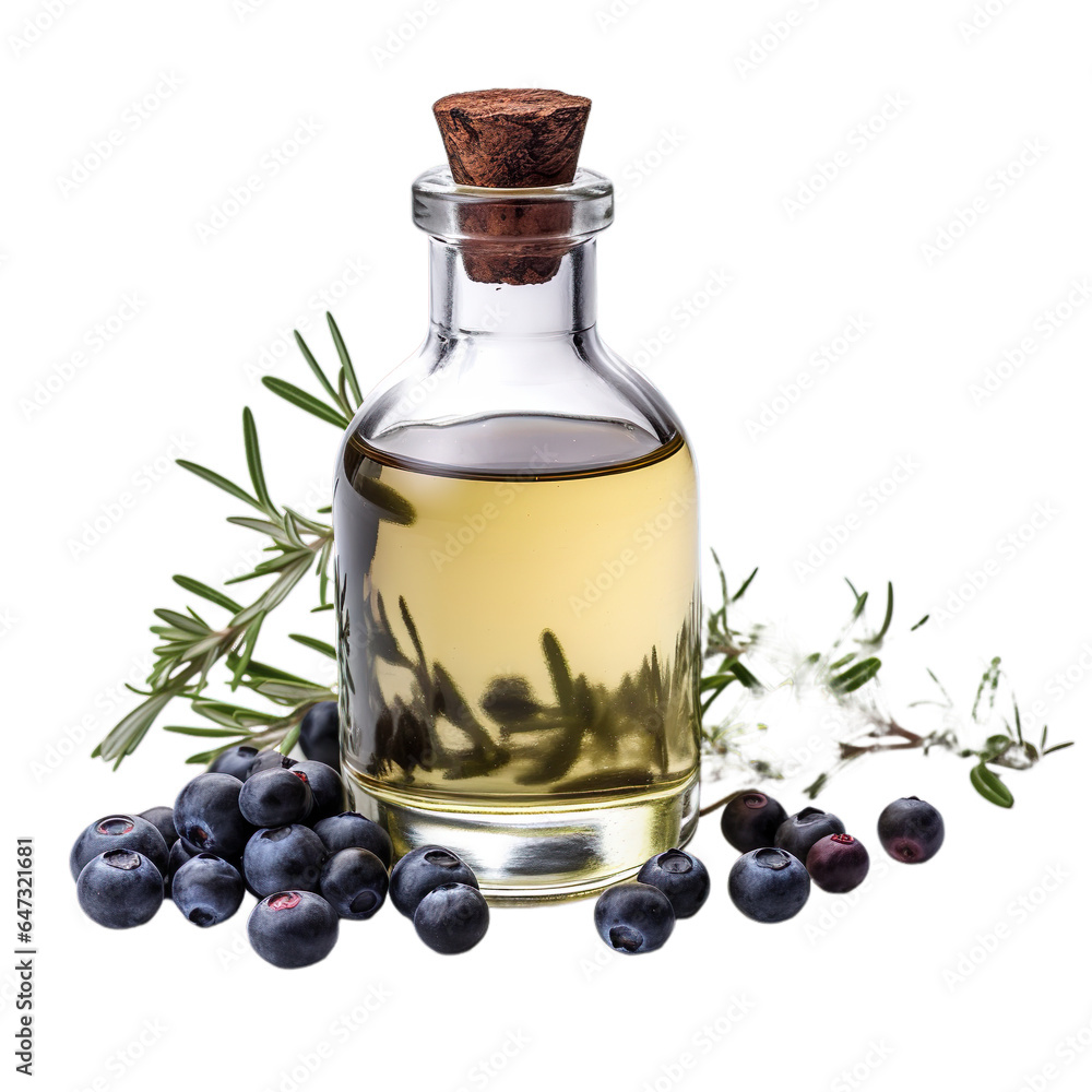 front view close up of Juniper Berry oil with ingredients isolated on a white transparent background front view close up of Juniper Berry oil with ingredients isolated on a white transparent background