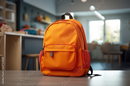 Back To School concept.Backpack on the desk in the school classroom