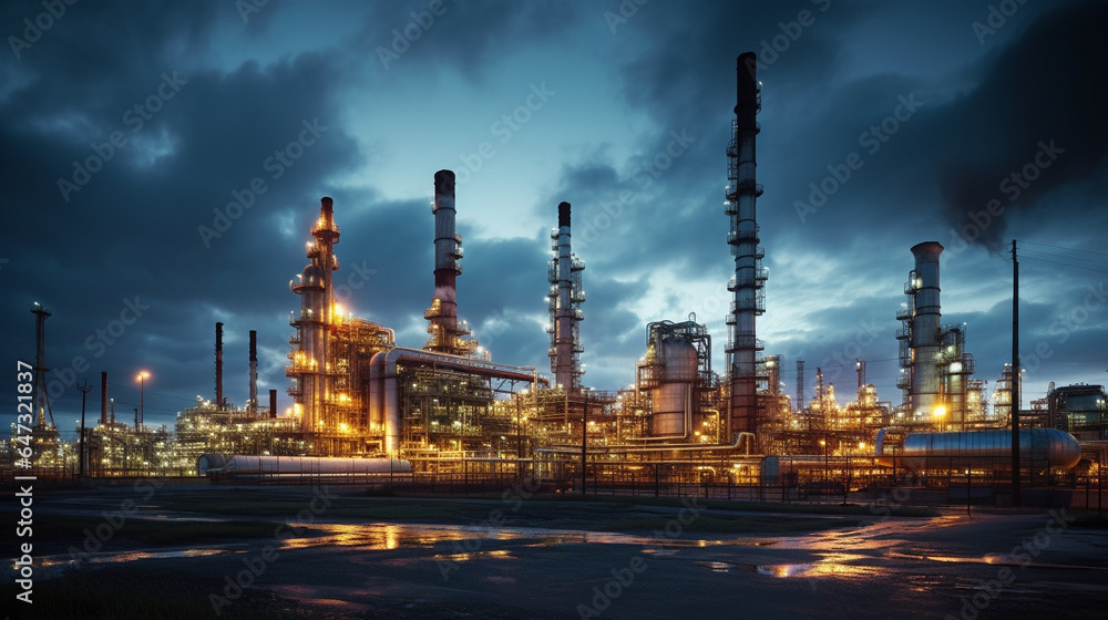 petrochemical and power plant. oil refinery with evening sky scene. energy business concept