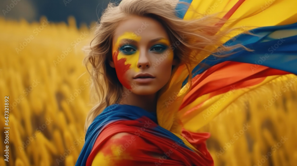 Beautiful girl with elements of clothing in the color of the Ukrainian flag, yellow-blue, sky Beautiful girl with elements of clothing in the color of the Ukrainian flag, yellow-blue, sky
