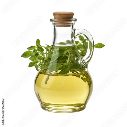 front view close up of Oregano oil with ingredients isolated on a white transparent background
