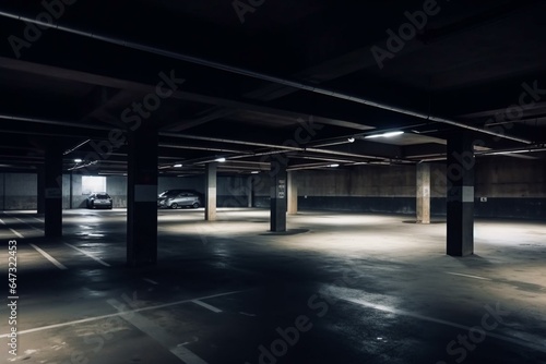 Dark and atmospheric underground parking lot with bright fluorescent lights and a concrete wall. Generative AI © Tate