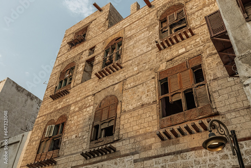 Traditional architecture of old Jeddah town El Balad district houses with wooden windows and balconies Unesco Heritage site in Jeddah Saudi Arabia