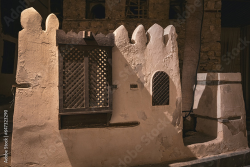 Wooden window sample in the old town of Jeddah historical site Saudi Arabia photo