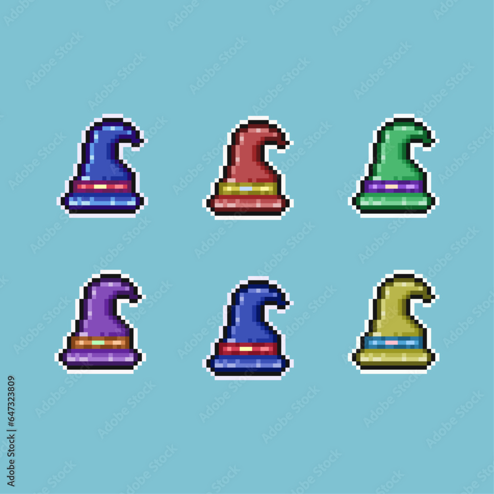 Pixel art sets of witch hat halloween with variation color items asset. simple witch hat magic items on pixelated style.8bits perfect for game asset or design asset element for your game design asset Pixel art sets of witch hat halloween with variation color items asset. simple witch hat magic items on pixelated style.8bits perfect for game asset or design asset element for your game design asset