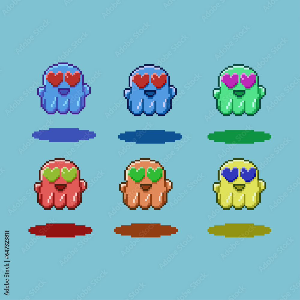 Pixel art sets of cute ghost with variation color items asset. simple ghost with love eyes items on pixelated style.8bits perfect for game asset or design asset element for your game design asset Pixel art sets of cute ghost with variation color items asset. simple ghost with love eyes items on pixelated style.8bits perfect for game asset or design asset element for your game design asset