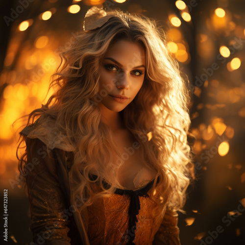 portrait of woman wearing Halloween costume, in the style of golden light